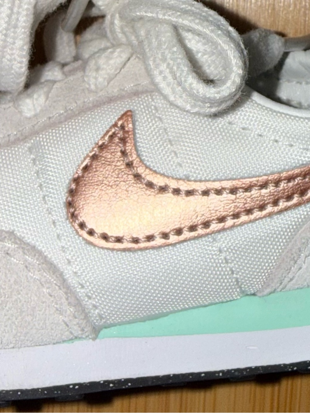 Nike White Sneakers with Rose Gold Swoosh and Mint Insole - Baby Walker